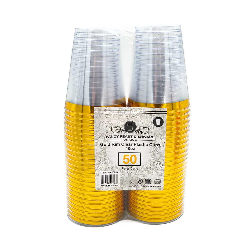 FFD Gold Rim Clear Plastic Cups, 50 x 10 oz